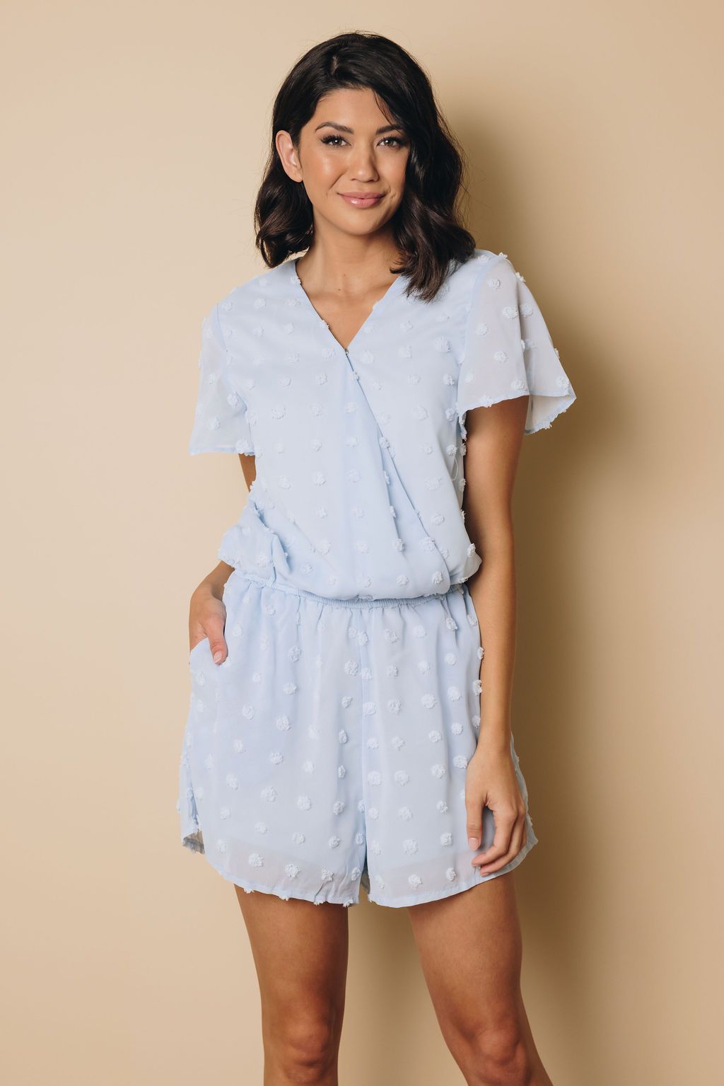 Deep V Neck Dot Texture Short Sleeves Romper