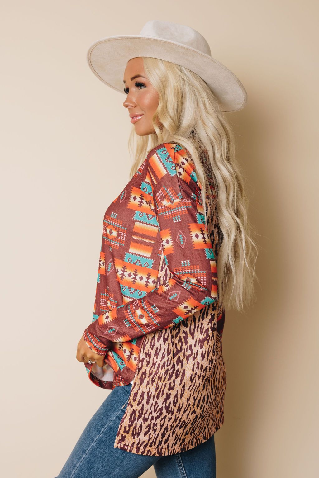 Multicolor Aztec Leopard Patchwork Side Split Pullover Top