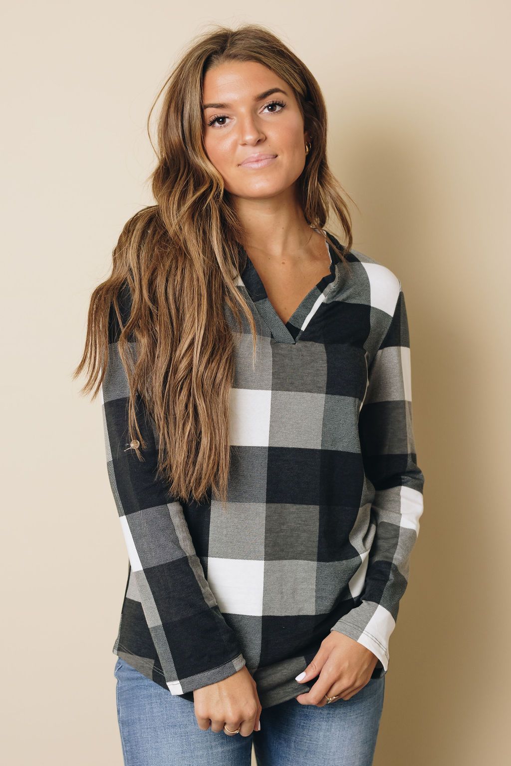 Duches Contrast Plaid Long Sleeve Top