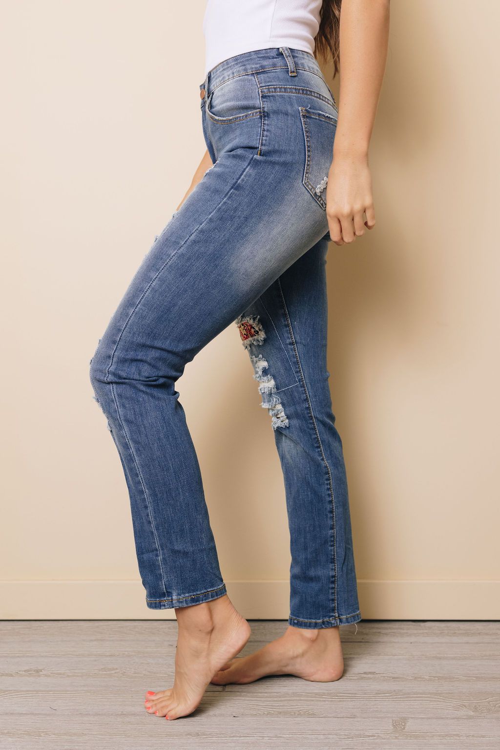 Leopard Pattern Patchwork Mid Waist Distressed Jeans