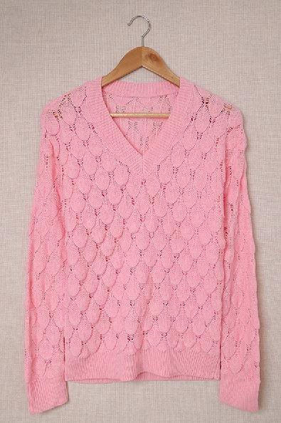 Feather Hollowed-out V-neck Long Sleeve Knitted Sweater