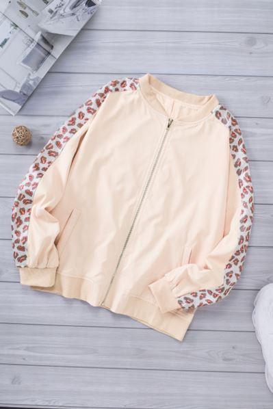 Leopard Color Block Zipped Long Sleeve Jacket