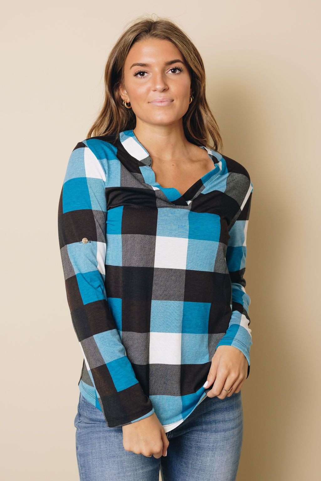 Duches Contrast Plaid Long Sleeve Top