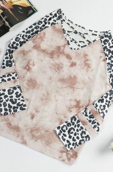 Crisscross Neck Leopard Sleeve Tie-dye Plus Size