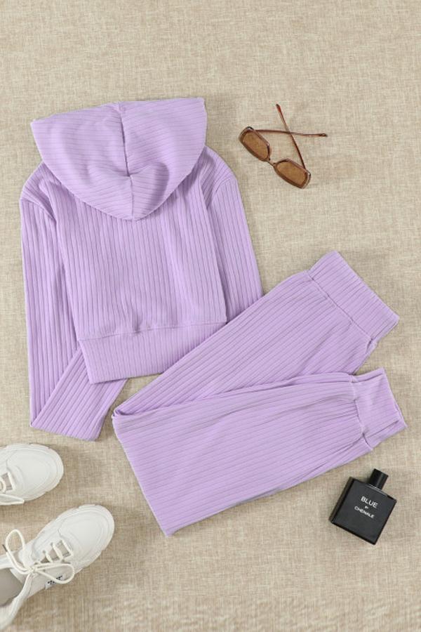 Ribbed Knit Cropped Hoodie and Jogger Set