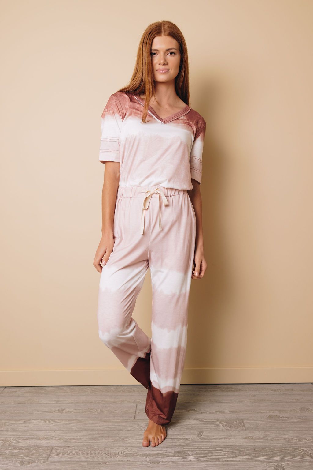 Abba Tie-dye V-Neck Top Elastic Waist Pants Set