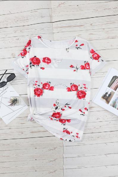 Plus Size Striped Floral Short Sleeve Top