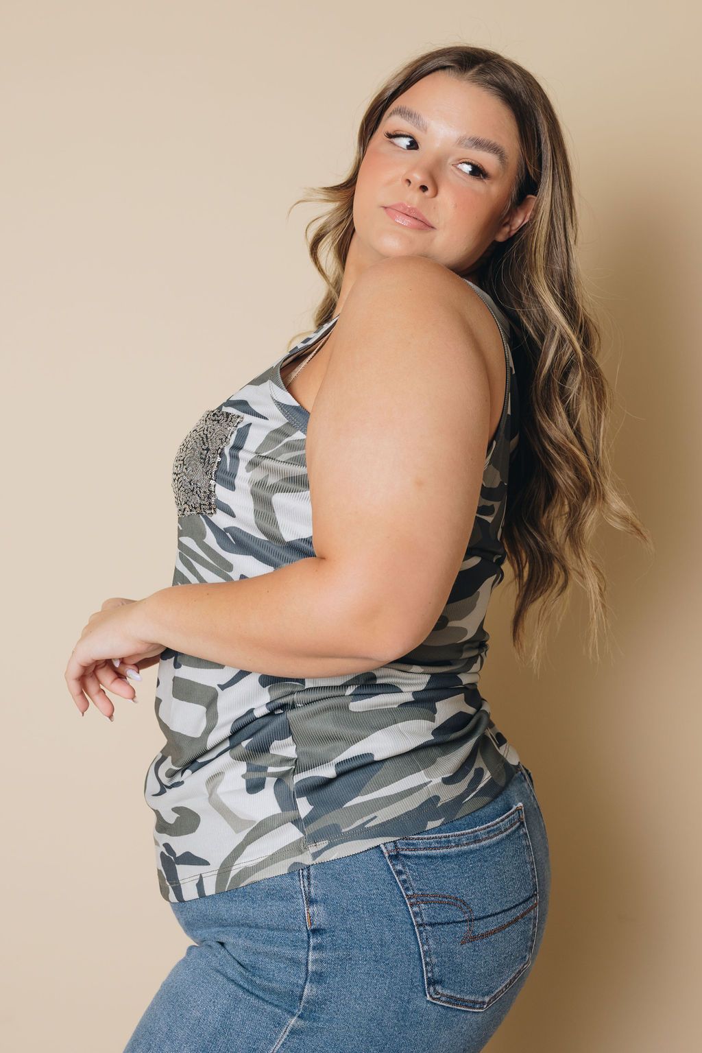 Plus Size - Camo Sequin Pocket Tank