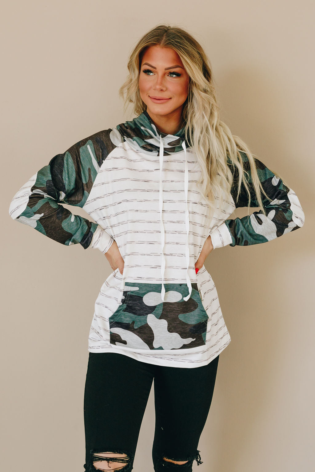 Gabby Cowl Neck Camo Top