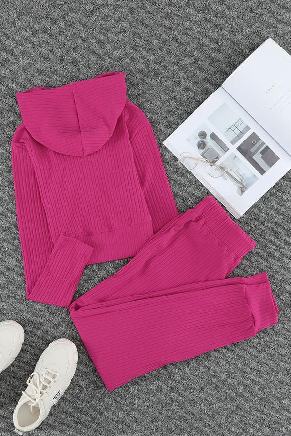 Ribbed Knit Cropped Hoodie and Jogger Set