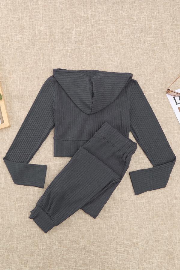 Ribbed Knit Cropped Hoodie and Jogger Set