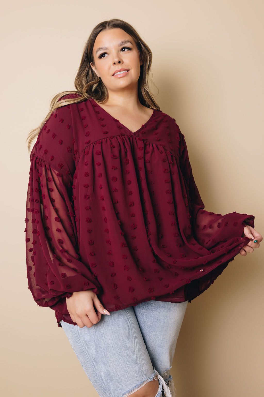 Plus Size - Dinah Swiss Dot Long Sleeve Top