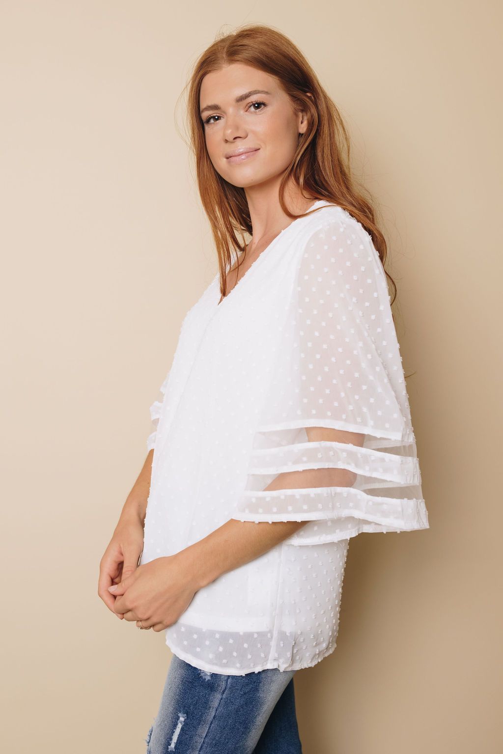 Stripes Kimono Sleeve Swiss Dot Blouse