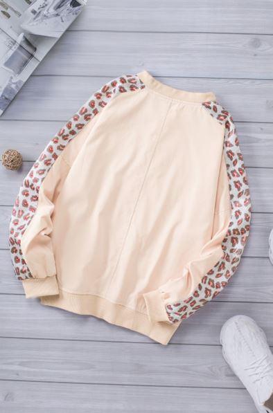 Leopard Color Block Zipped Long Sleeve Jacket