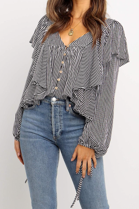 City Stripes Ruffle Detail Top