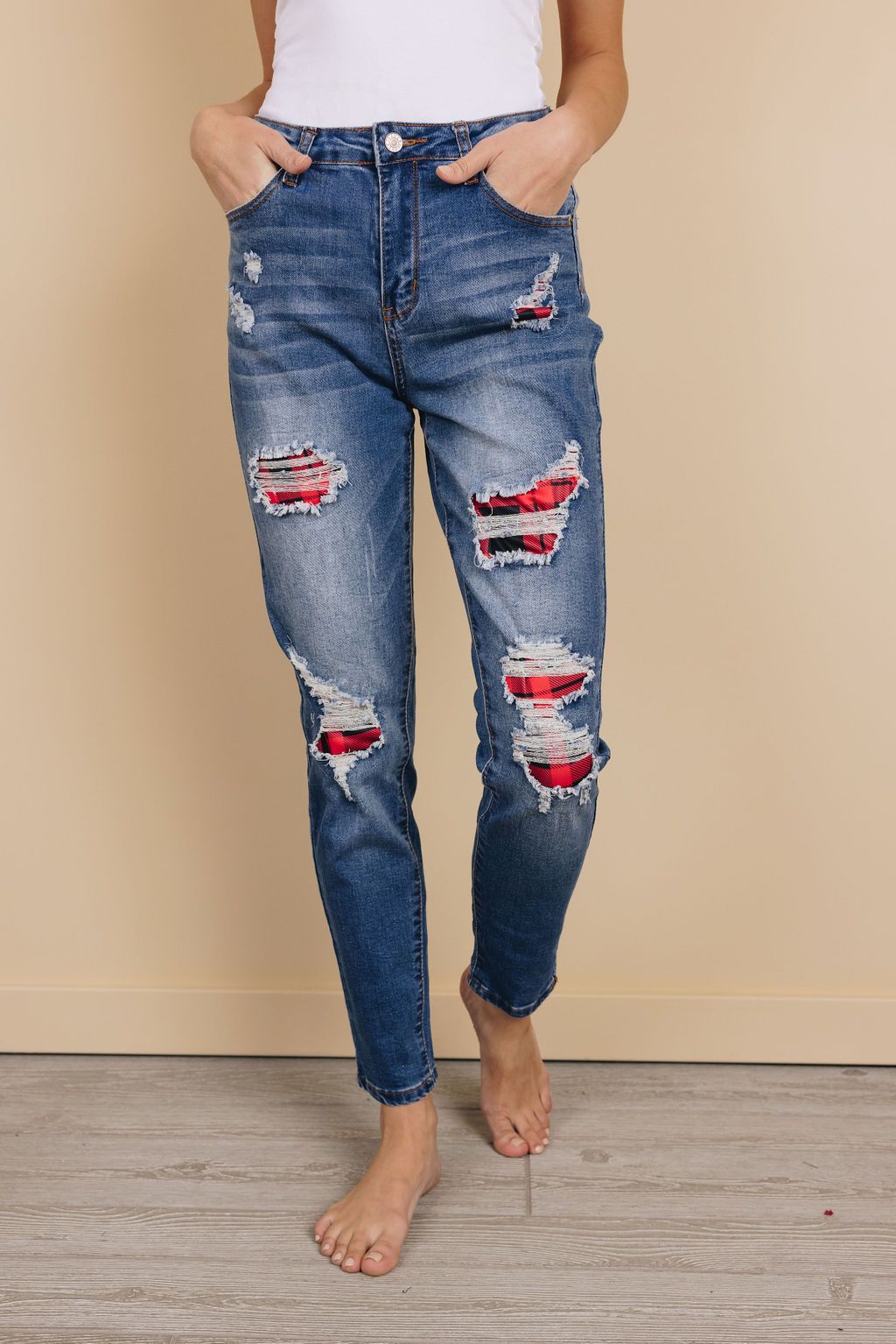 Eva Plaid Patch Distressed Jeans