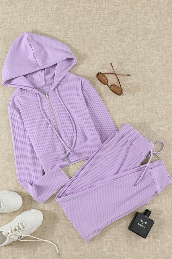 Ribbed Knit Cropped Hoodie and Jogger Set