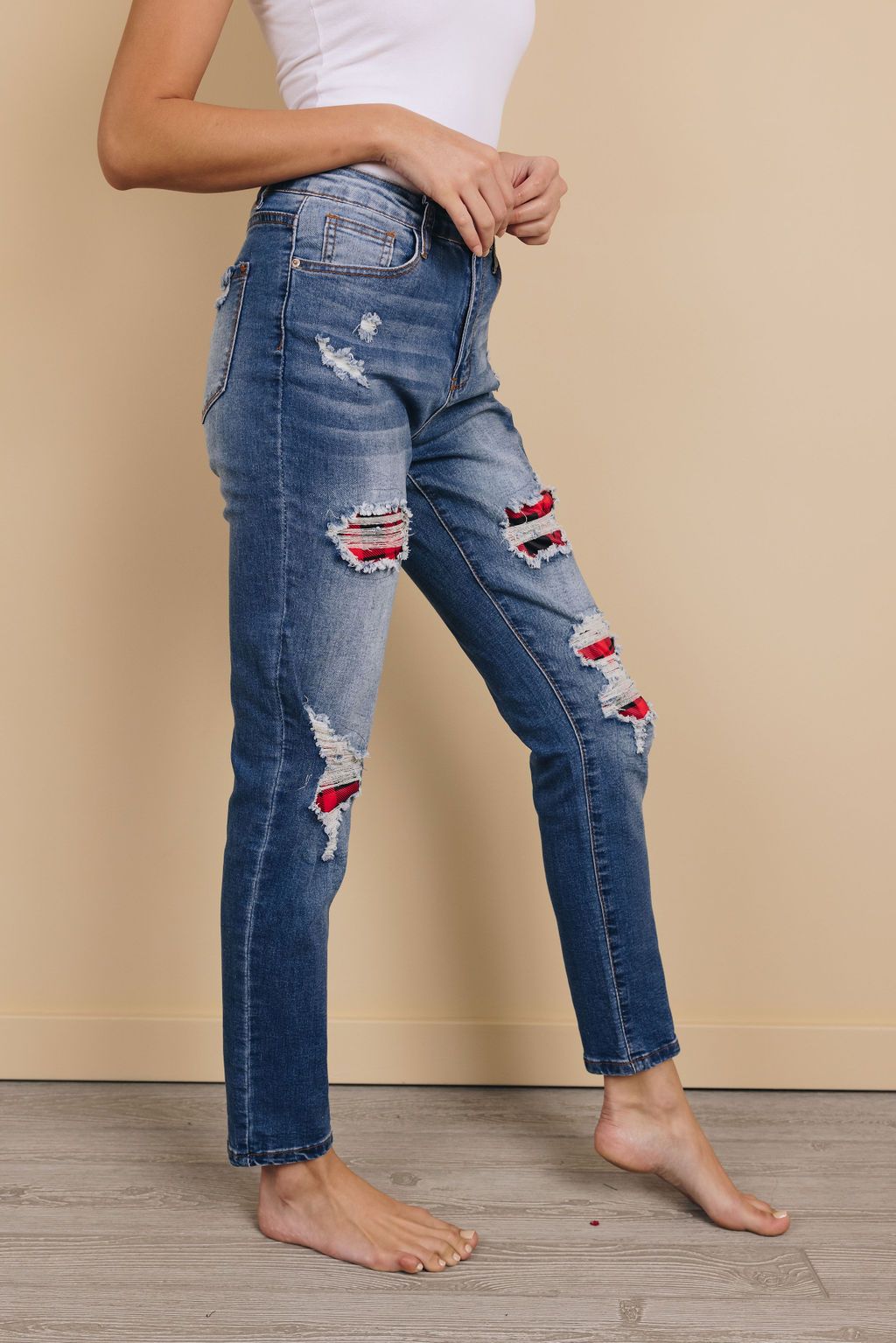 Eva Plaid Patch Distressed Jeans
