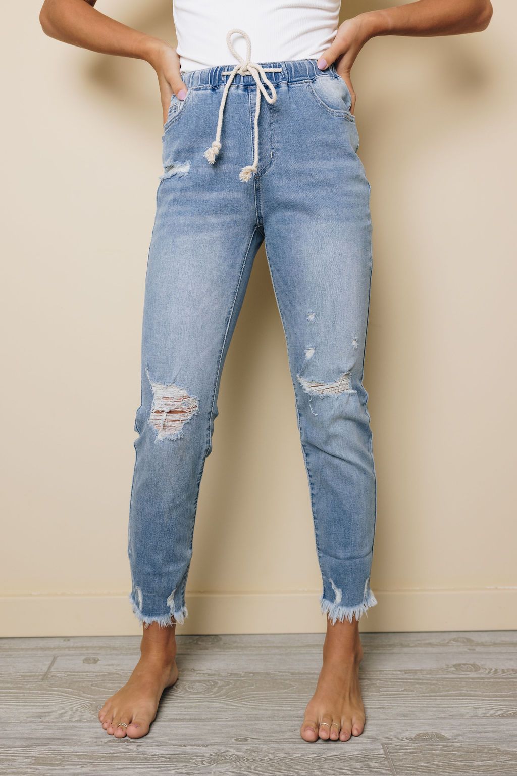 Salma Elastic Waist Distressed Jeans