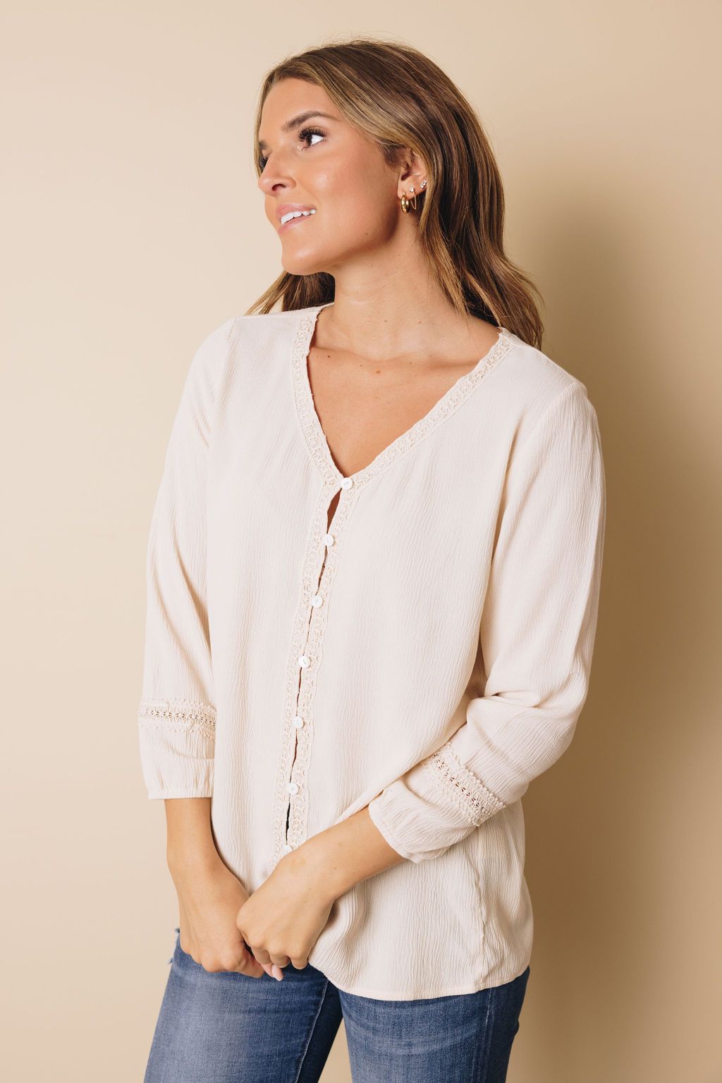 Ariana Button Up Lace Detail Top