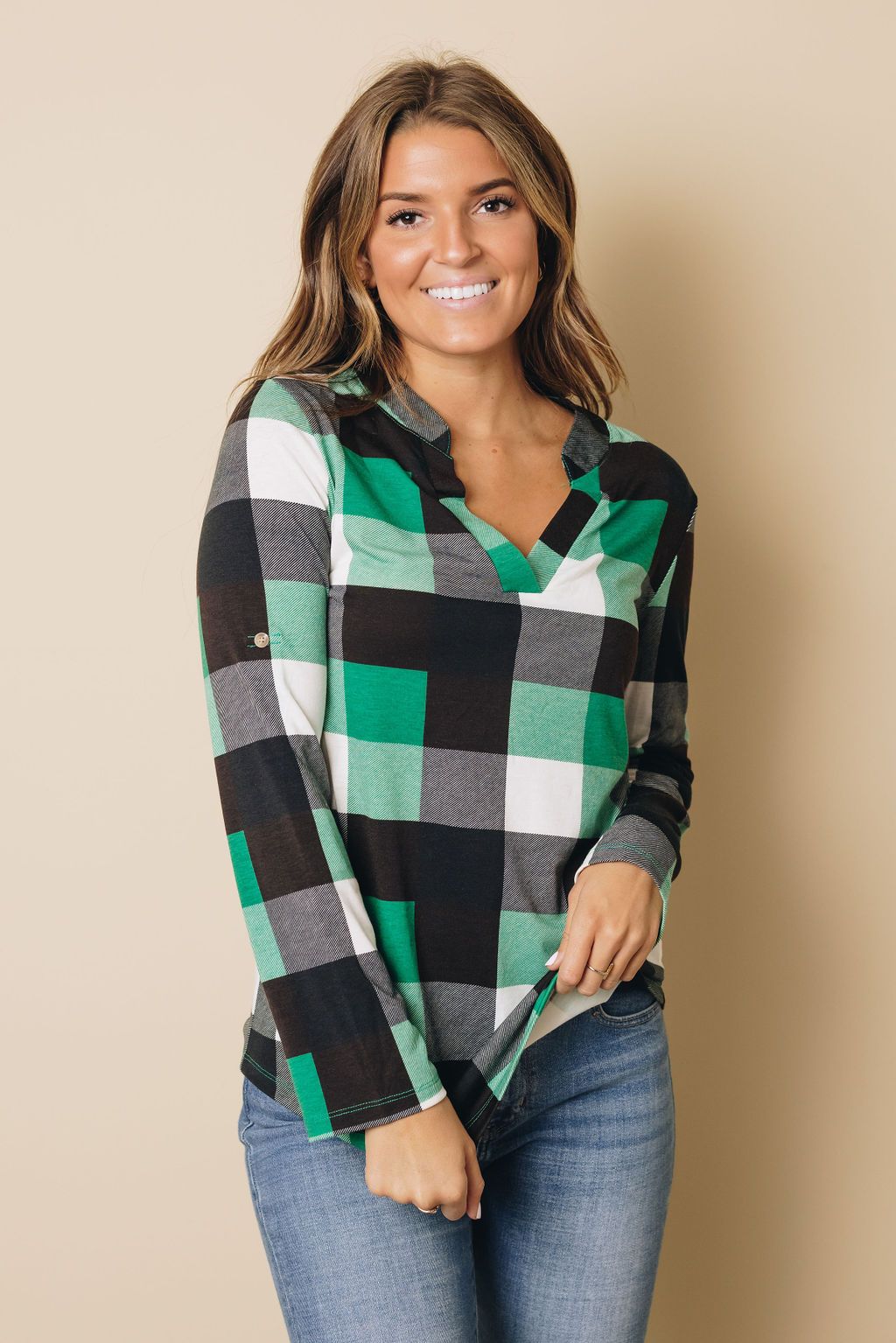 Duches Contrast Plaid Long Sleeve Top