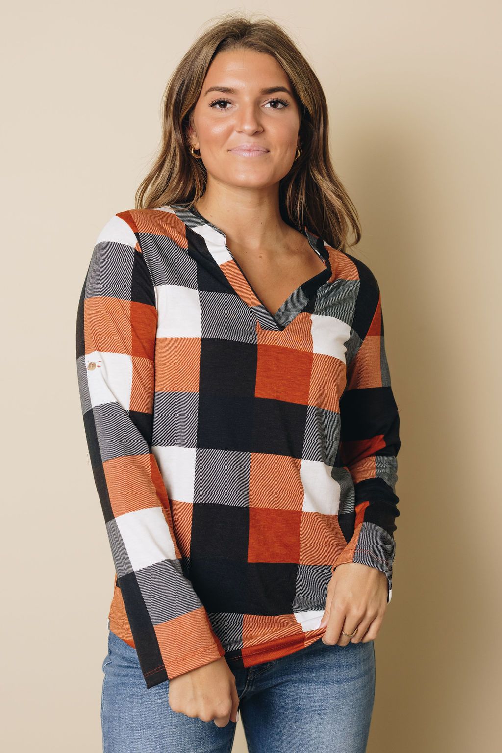 Duches Contrast Plaid Long Sleeve Top