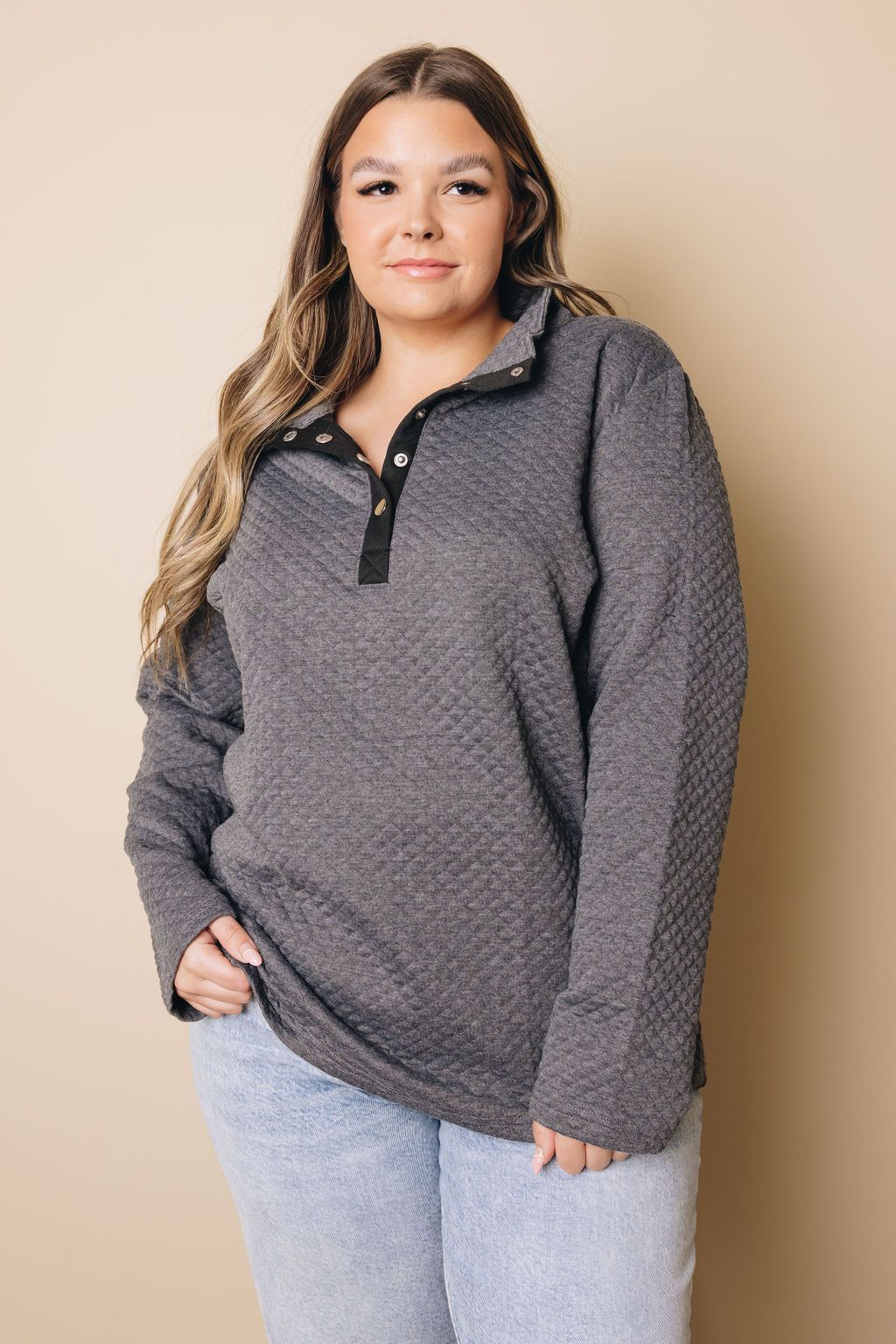 Plus Size - Quilted Button Up Sweatshirt