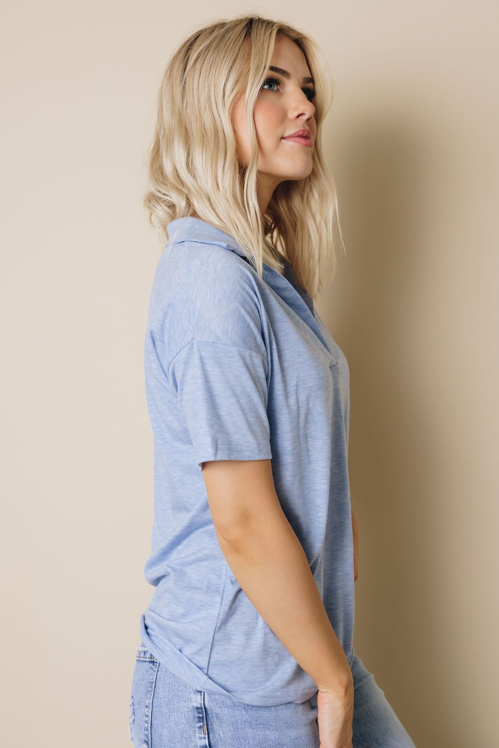 Collared V Neck Drop Sleeves T-shirt