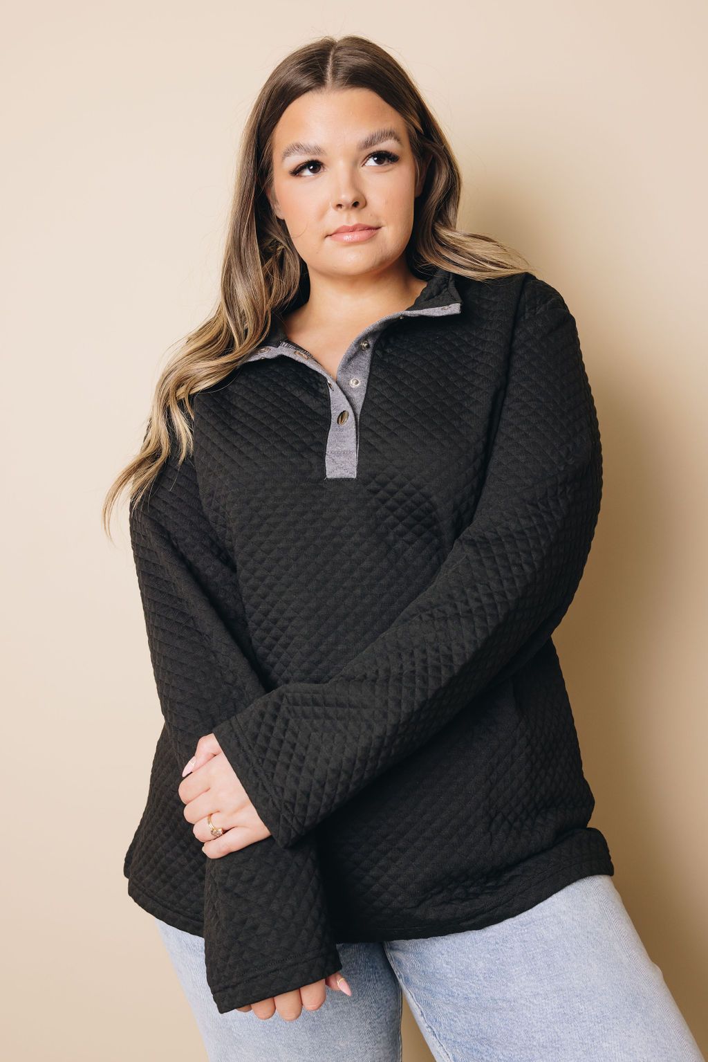 Plus Size - Quilted Button Up Sweatshirt