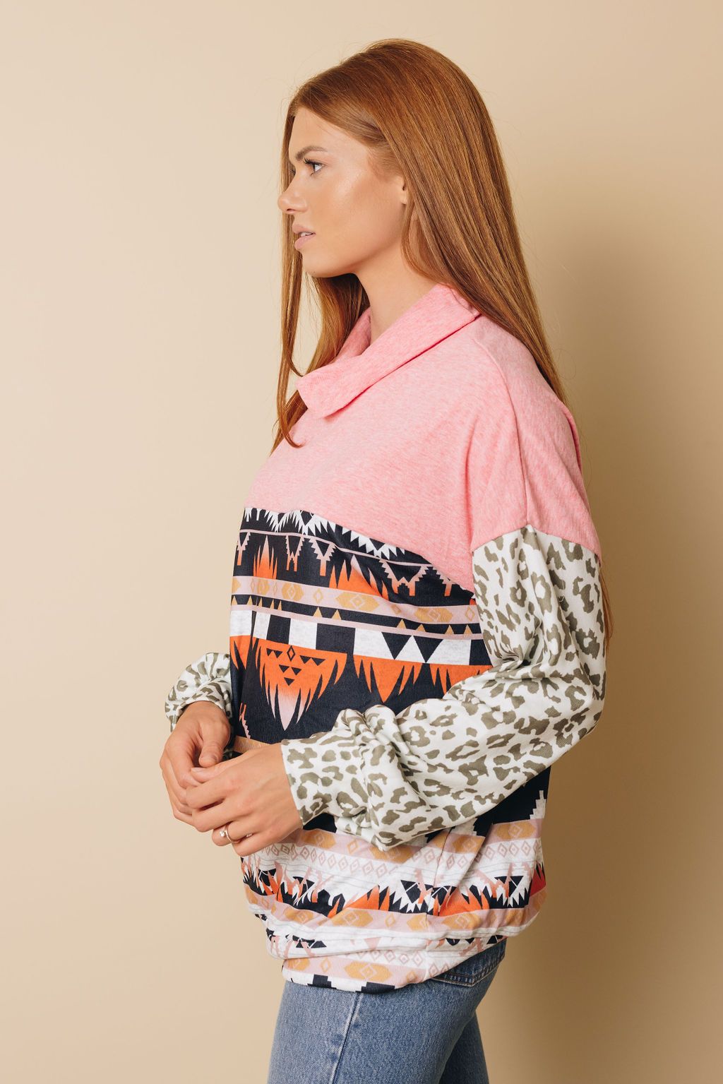 Leopard Aztec Splicing Long Puff Sleeve Sweatshirt