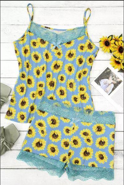 Lace Trim Sunflower Camisole And Shorts Pajamas Set