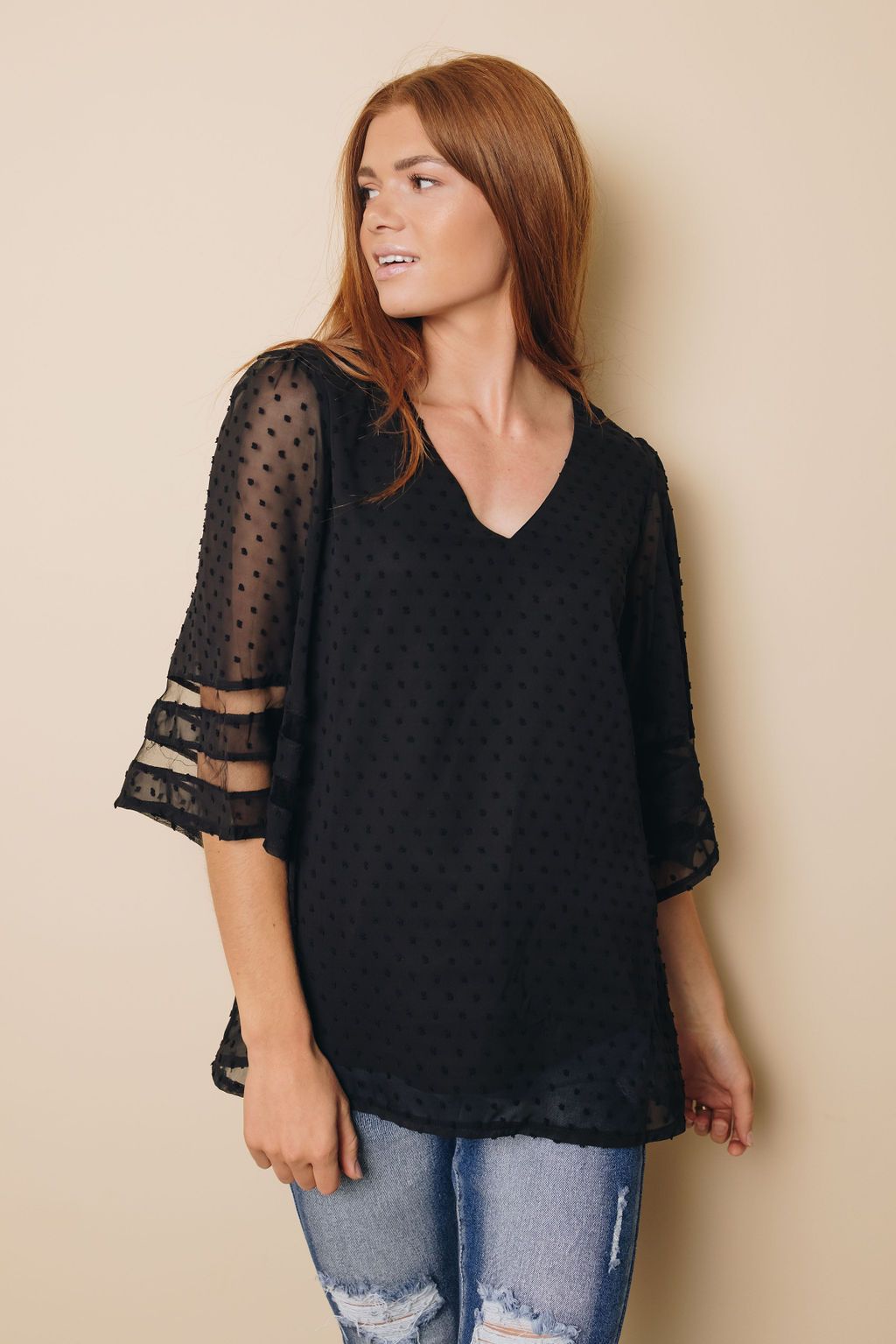 Stripes Kimono Sleeve Swiss Dot Blouse