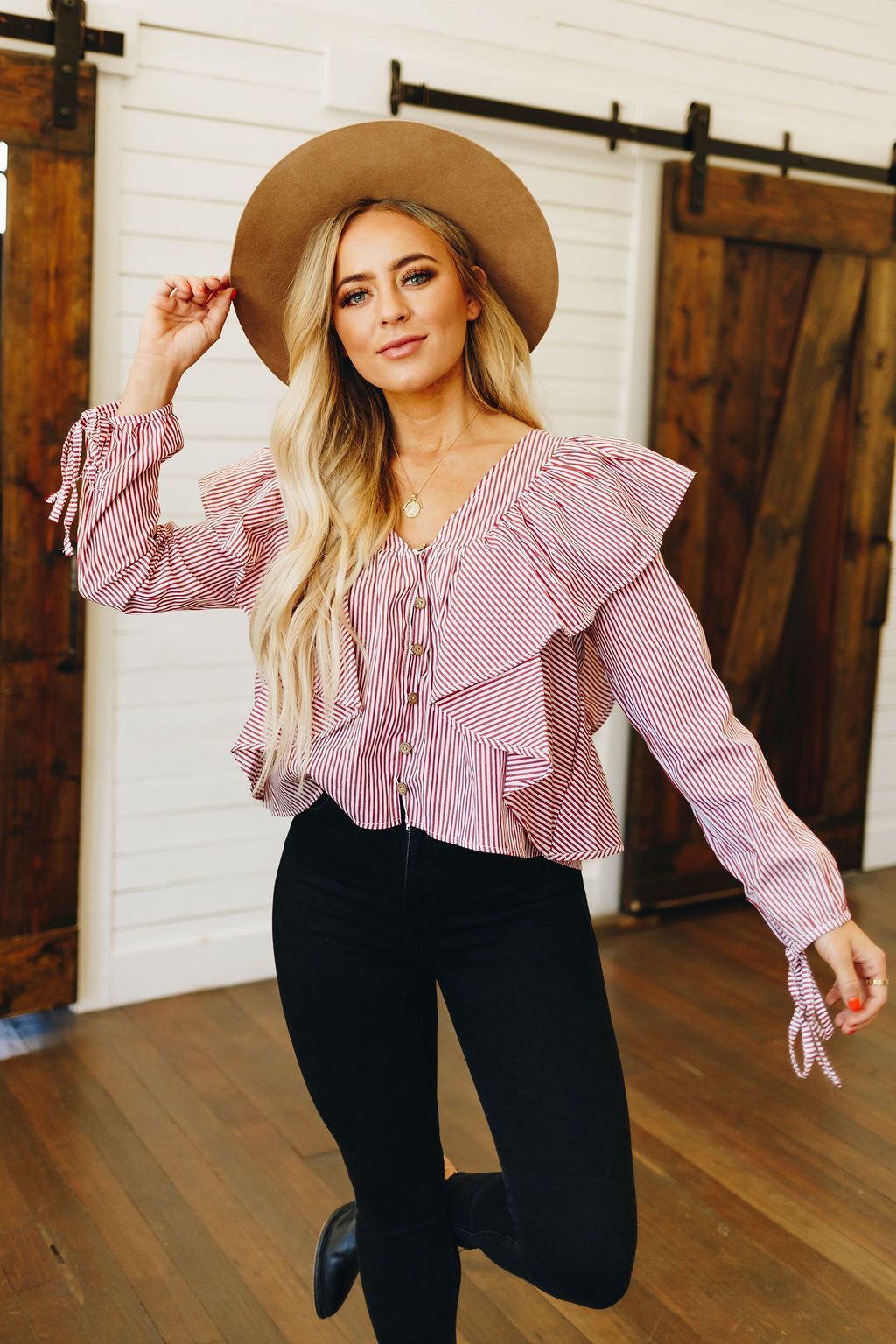 City Stripes Ruffle Detail Top