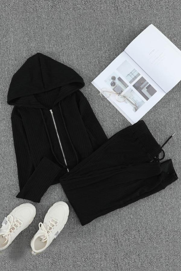Ribbed Knit Cropped Hoodie and Jogger Set