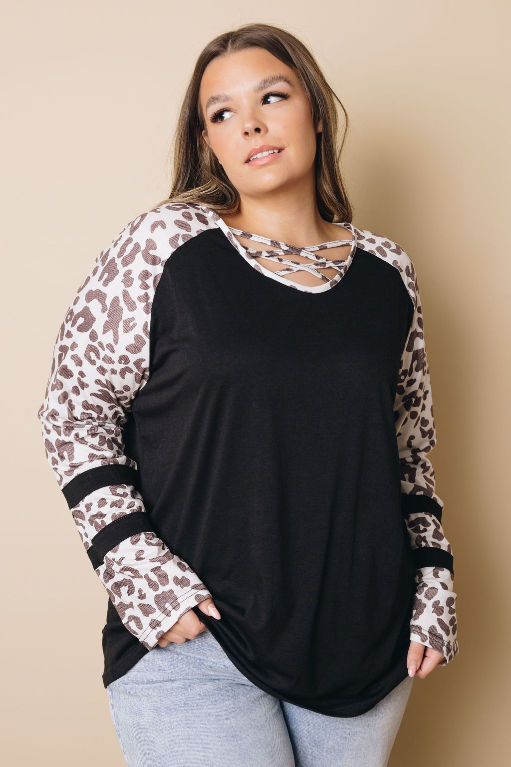 Plus Size - Petal Criss-Cross Leopard Top