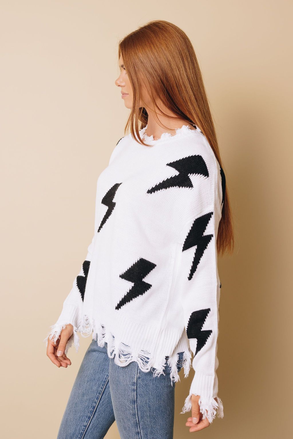 Baylee Distressed Knit Bolt Sweater