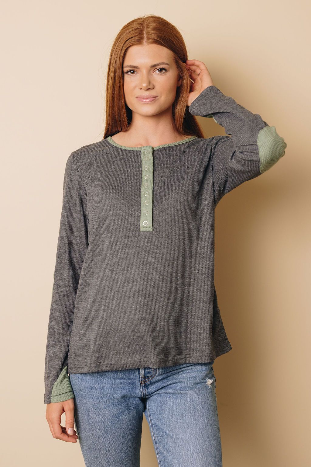 Lane Contrast Elbow Patch Long Sleeve Top