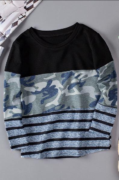 Camo Striped Color Block Crewneck Long Sleeve Top