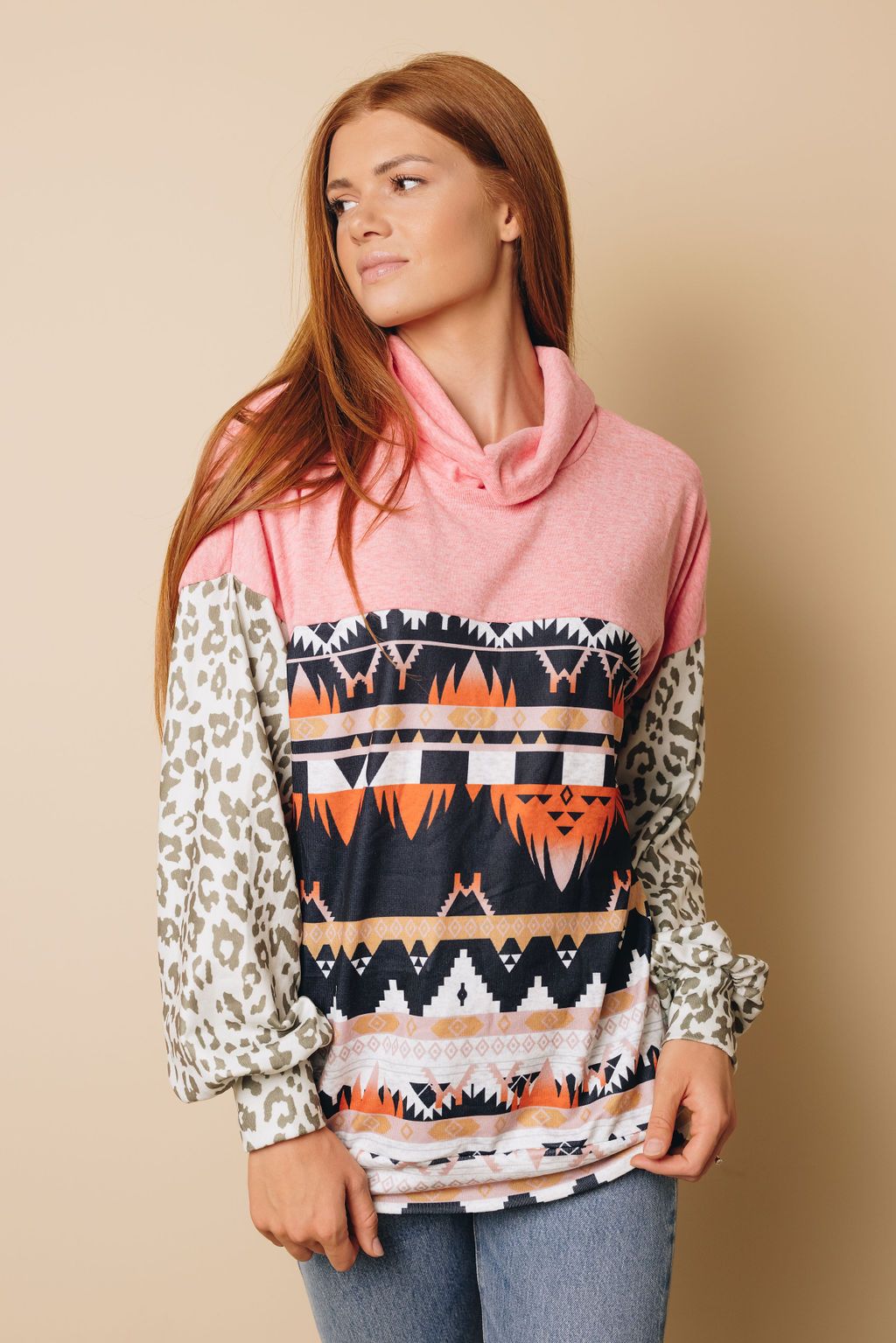 Leopard Aztec Splicing Long Puff Sleeve Sweatshirt