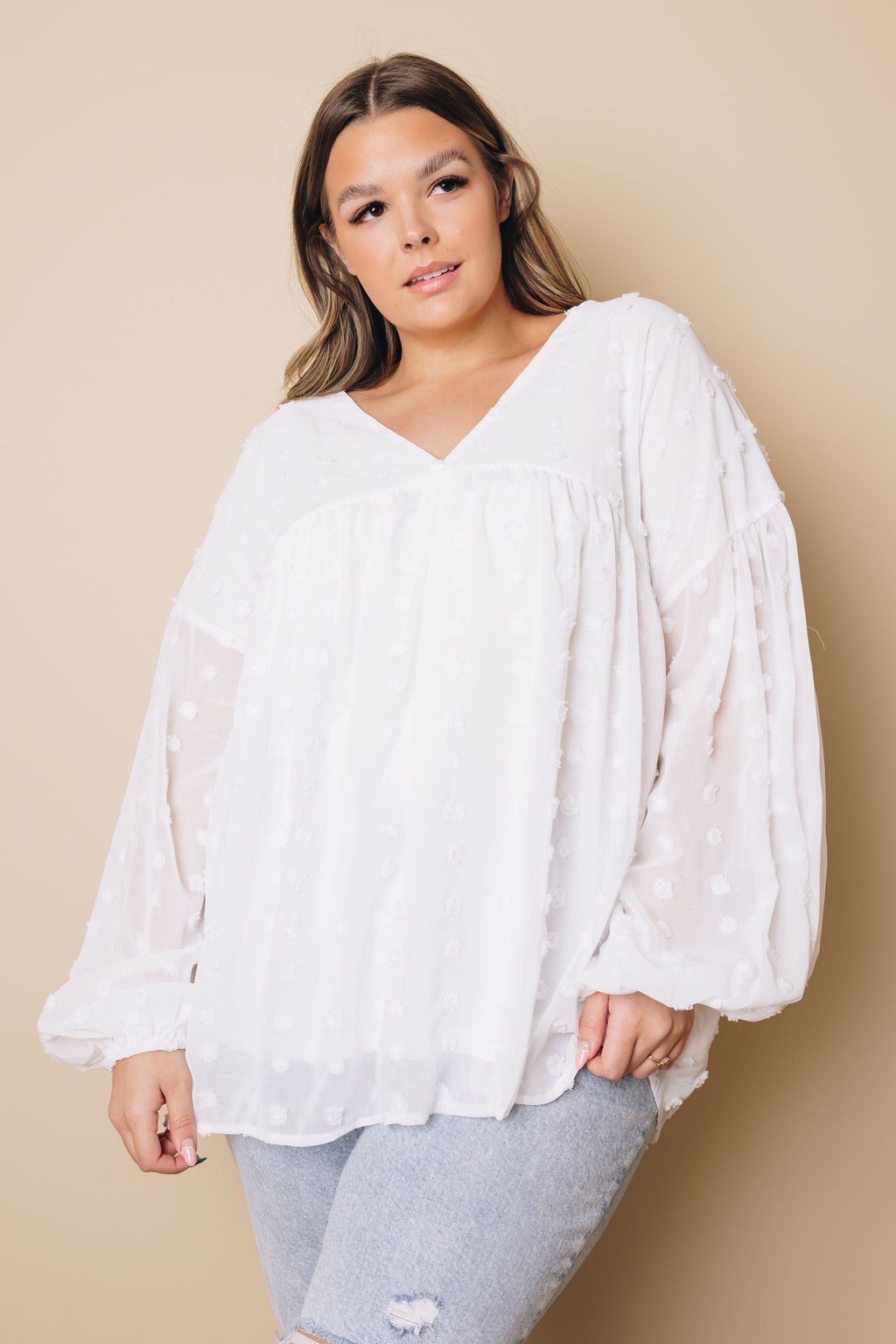 Plus Size - Dinah Swiss Dot Long Sleeve Top