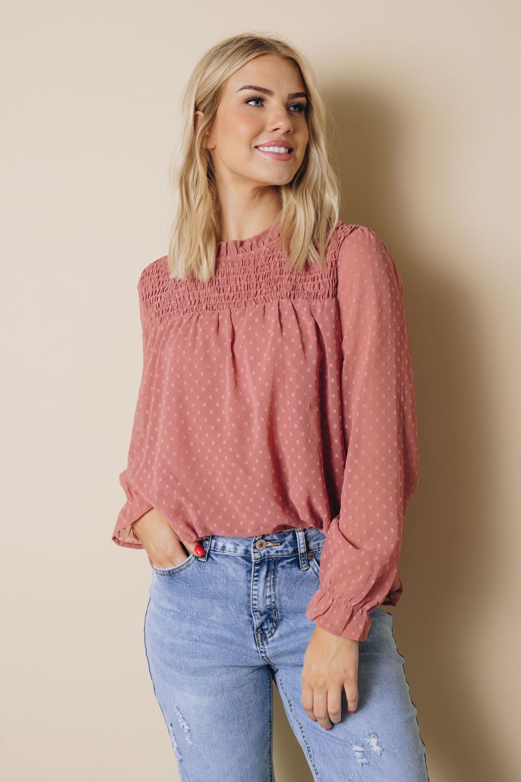 Denna Swiss Dot Long Sleeve Top