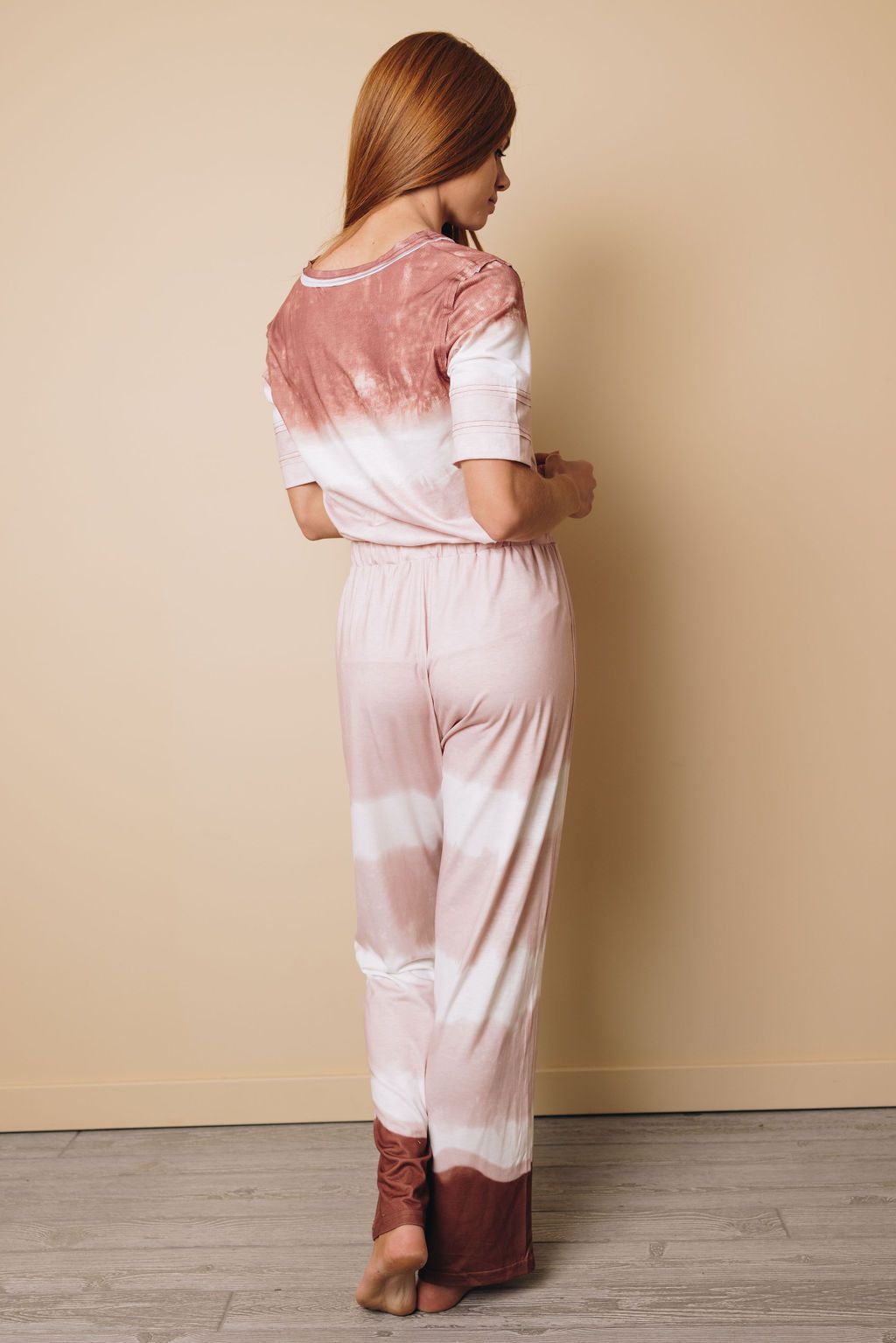 Abba Tie-dye V-Neck Top Elastic Waist Pants Set