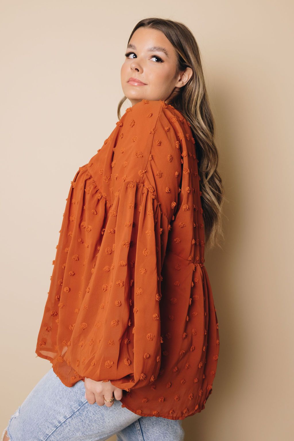 Plus Size - Dinah Swiss Dot Long Sleeve Top