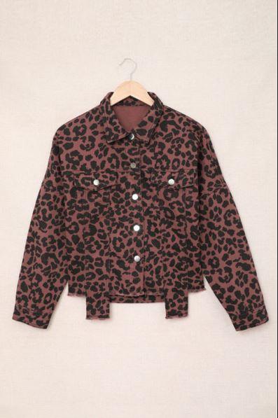 Leopard Print Raw Hem Buttoned Cropped Jacket