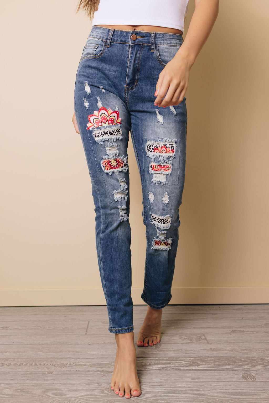 Leopard Pattern Patchwork Mid Waist Distressed Jeans