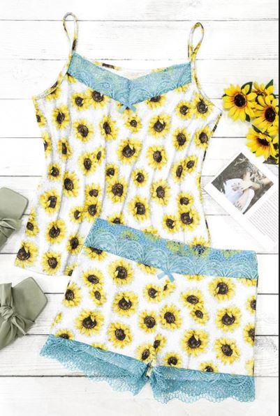 Lace Trim Sunflower Camisole And Shorts Pajamas Set