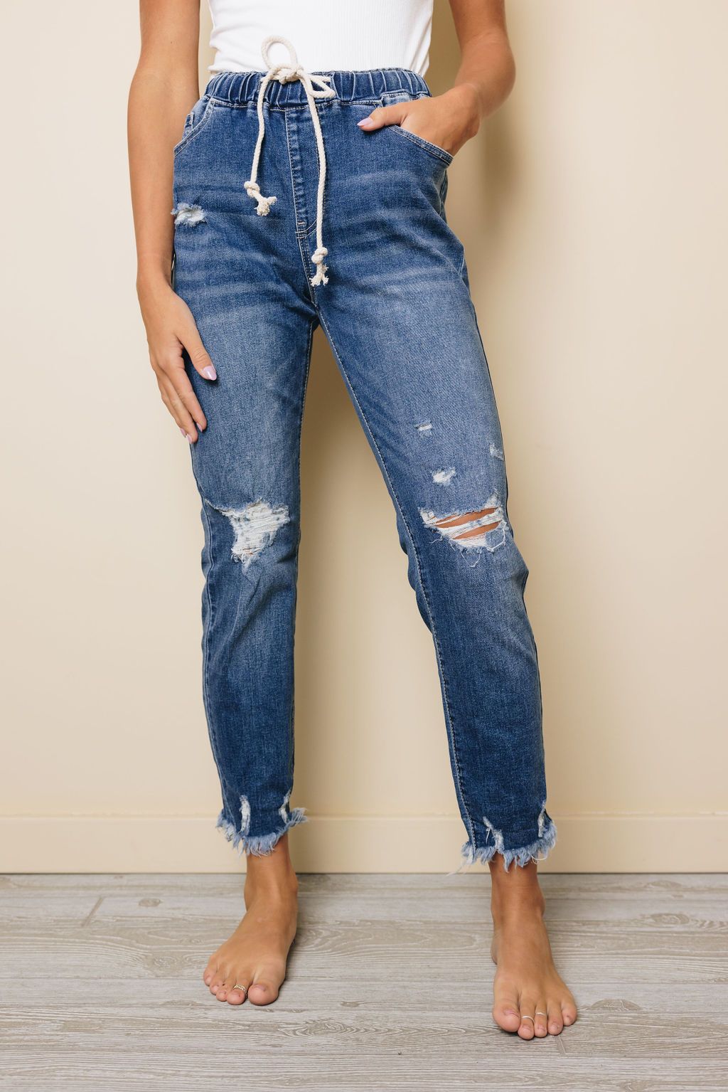Salma Elastic Waist Distressed Jeans