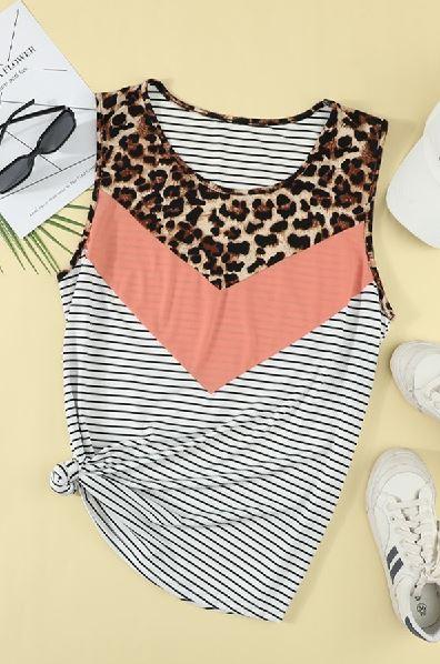 Colorblock Leopard Stripes Patchwork Plus Size Tank