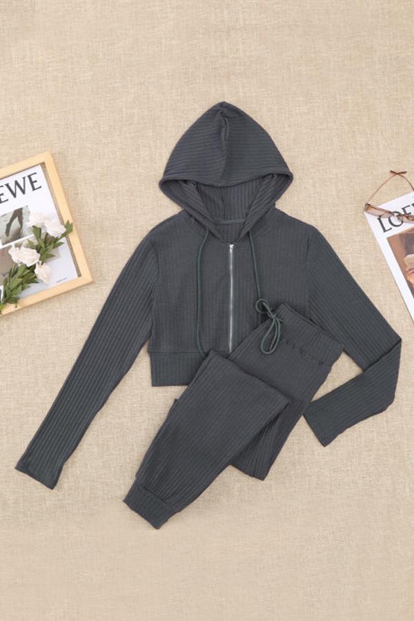 Ribbed Knit Cropped Hoodie and Jogger Set