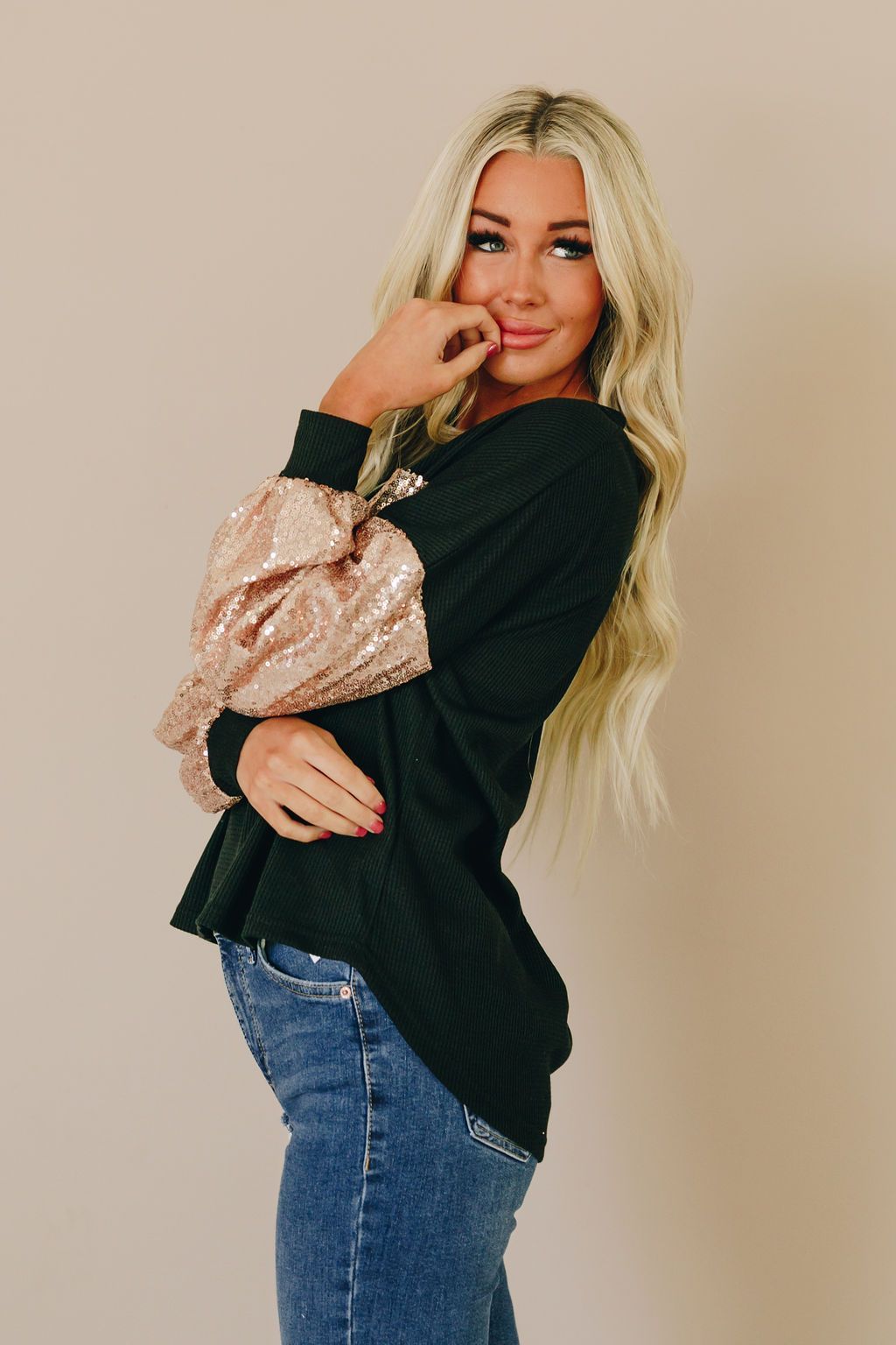 Amy Sequin Ballon Sleeves Top